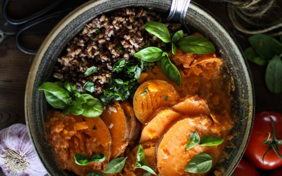 Steamed Sweet Potatoes With Wild Rice, Basil and Tomato Chili Sauce