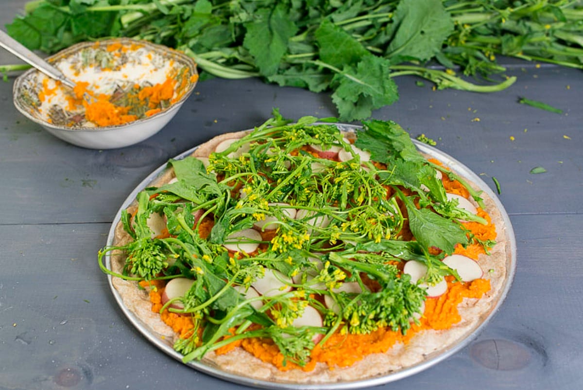 Broccoli Rabe Potato Pizza With Carrot Miso Sauce and Hazelnuts [Vegan]