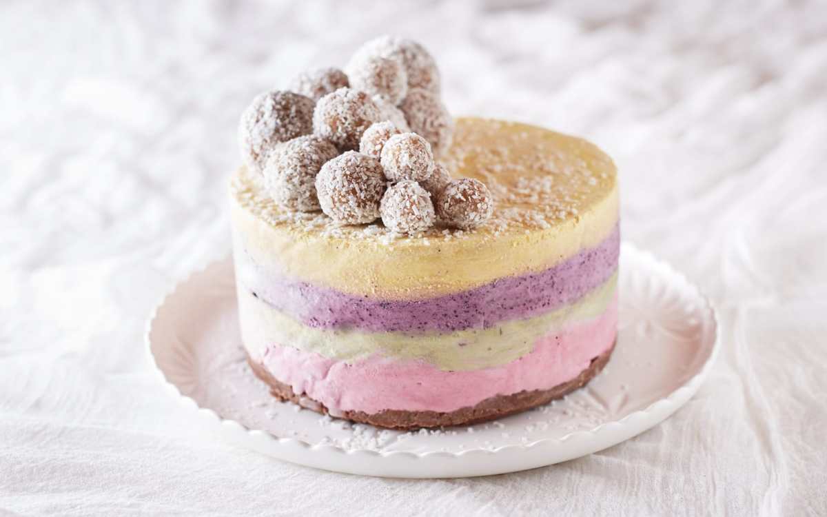 Four Layer Raw Rainbow Ice Cream Cake With Vanilla Bliss Balls