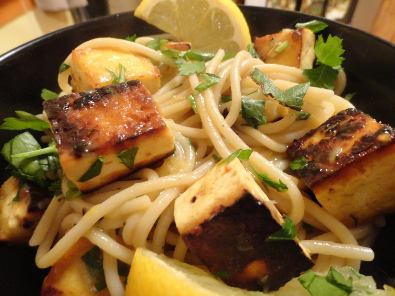 vegan shrimp scampi over lemon butter pasta