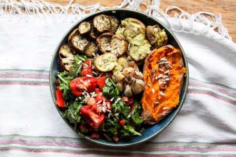 Roasted Veggies With Buttery Garlic and Spinach Salad