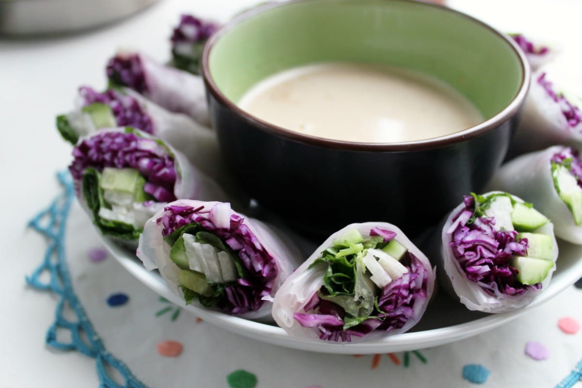 Red Cabbage and Jicama Spring Rolls With Peanut Dipping Sauce [Vegan, Gluten-Free]