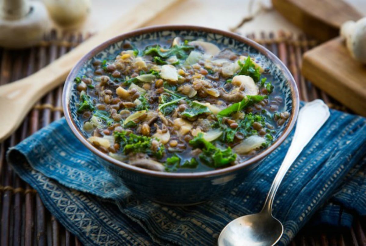 Vegan Miso Soup With Garlicky Lentils, Kale and Mushrooms