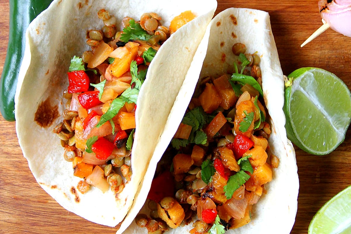 Chili Lime Lentil Tacos With Spicy Grilled Pineapple Salsa [Vegan]