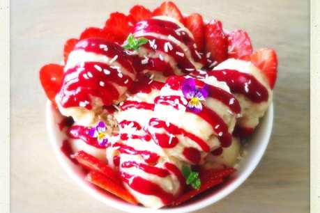 Strawberry Banana Ice Cream Dairy-Free Sundae With Raspberry Mint Sauce