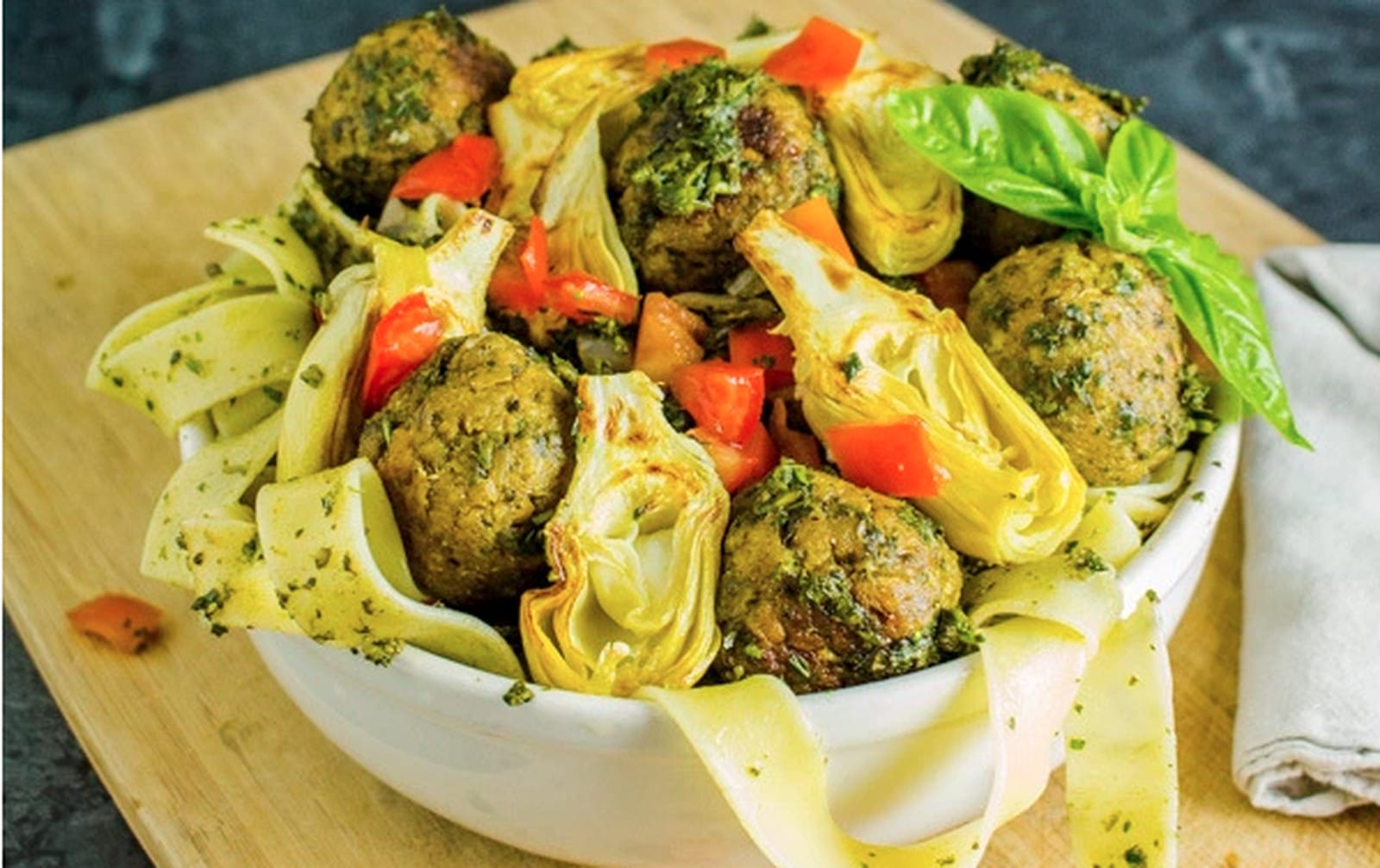 Pesto Pappardelle With Artichoke Chickpea Meatballs [Vegan]