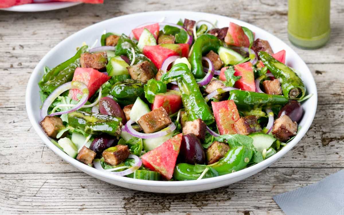 Watermelon Salad With Baked Tofu and Basil Lime Dressing