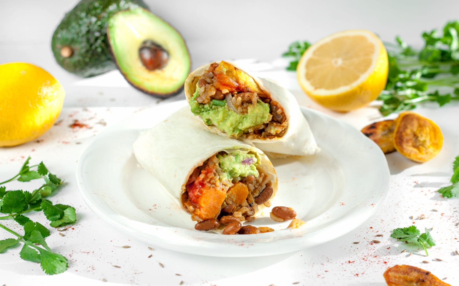 Sweet Potato and Bean Burrito With Plantains and Guacamole
