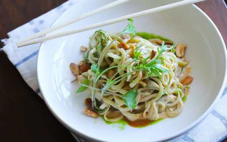 Cucumber spiralized noodles dressed with a spicy tahini sauce