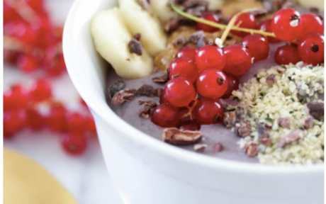 Vegan Gluten-Free Protein Açaí and Red Currant Breakfast Bowl with banana and coconut