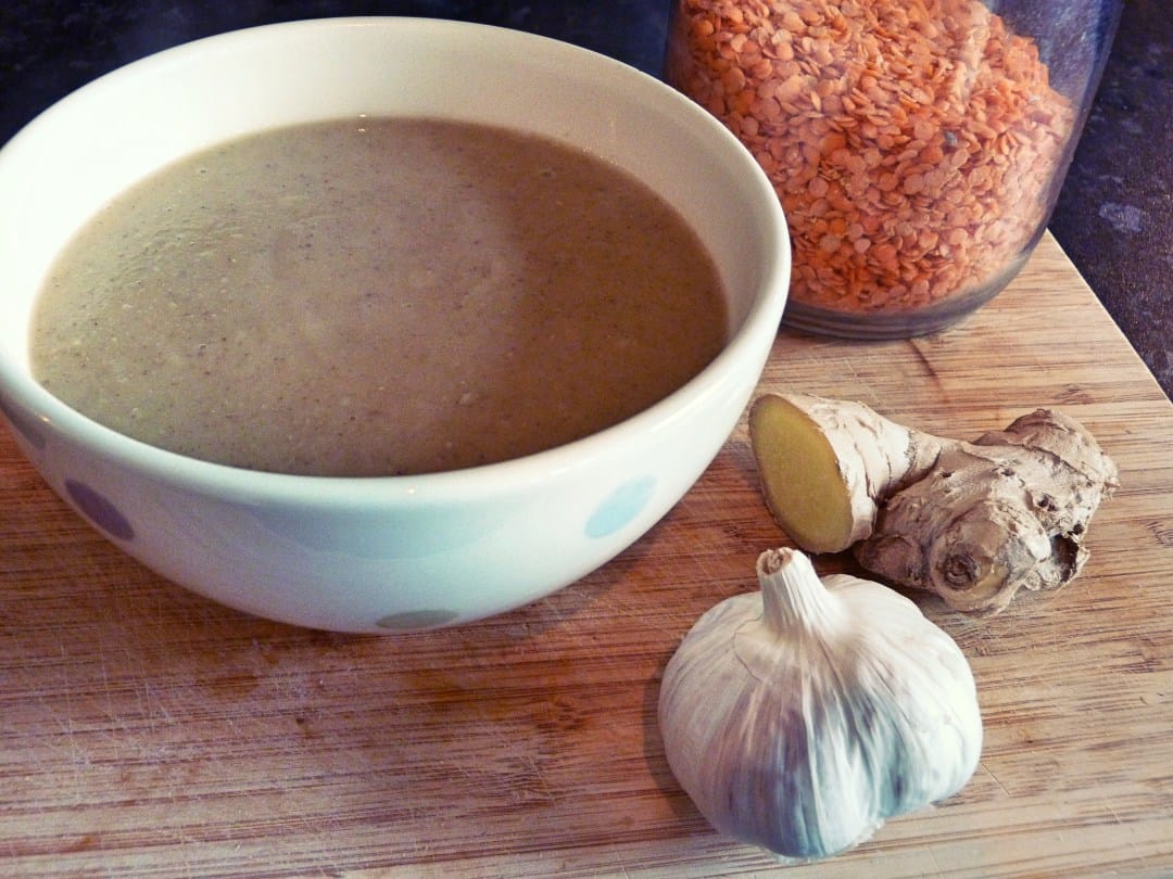 Red Lentil and Mushroom Soup with Garlic and Ginger