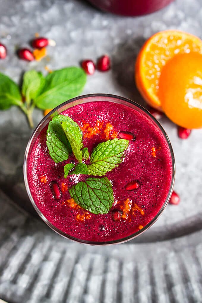 Vegan Pomegranate Beet Citrus Smoothie With Mint and Ginger