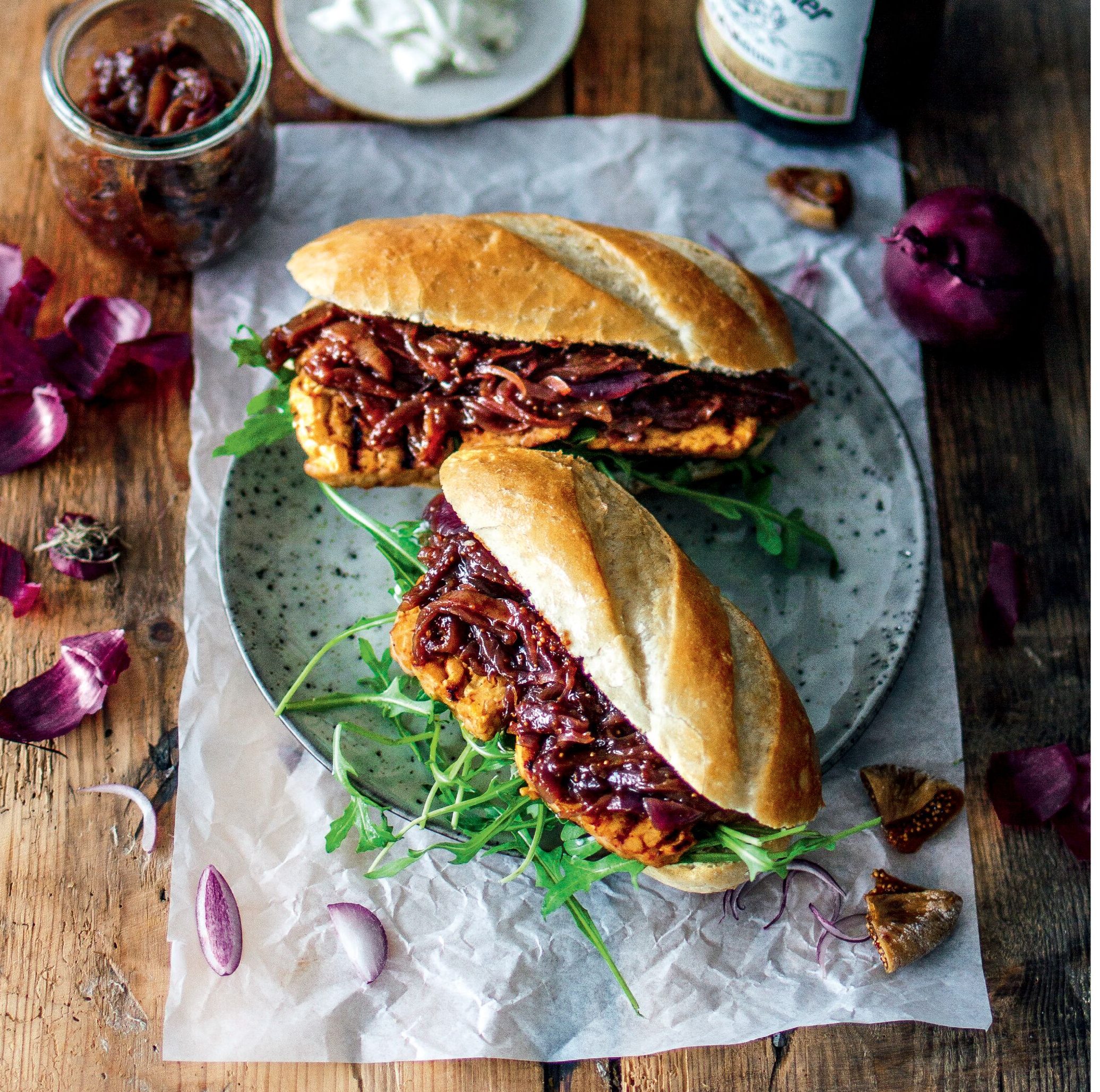 BBQ Tempeh Sandwiches With Stewed Fig, Onion Marmalade and Arugula