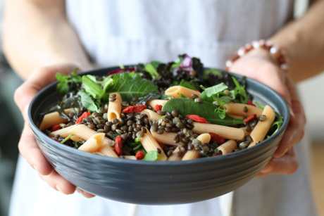 plant protein pasta salad bowl