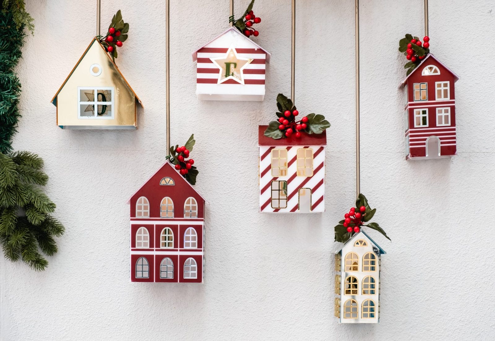 Christmas Ornaments of homes hanging