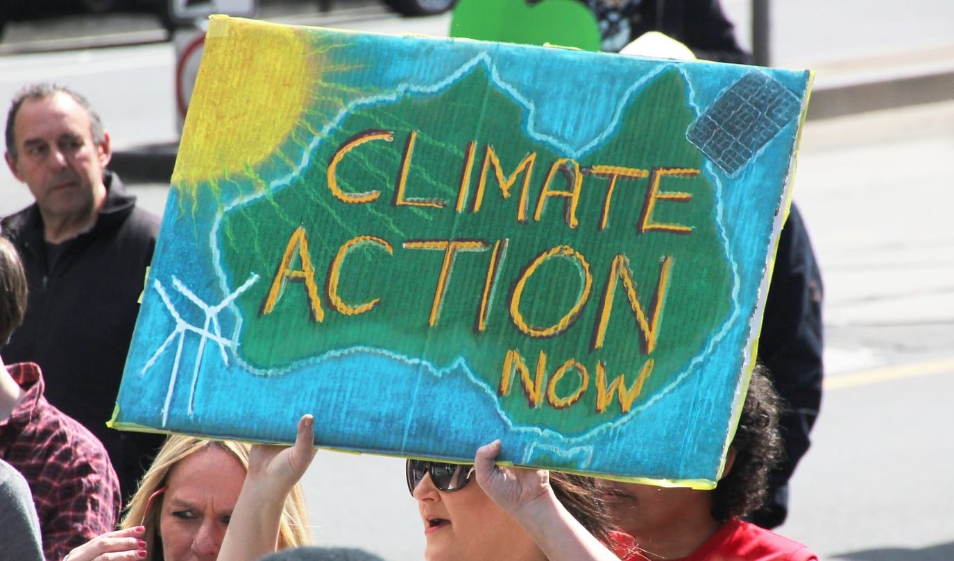 A protestor holds up a placard reading 'Climate Action Now' at a climate demonstration