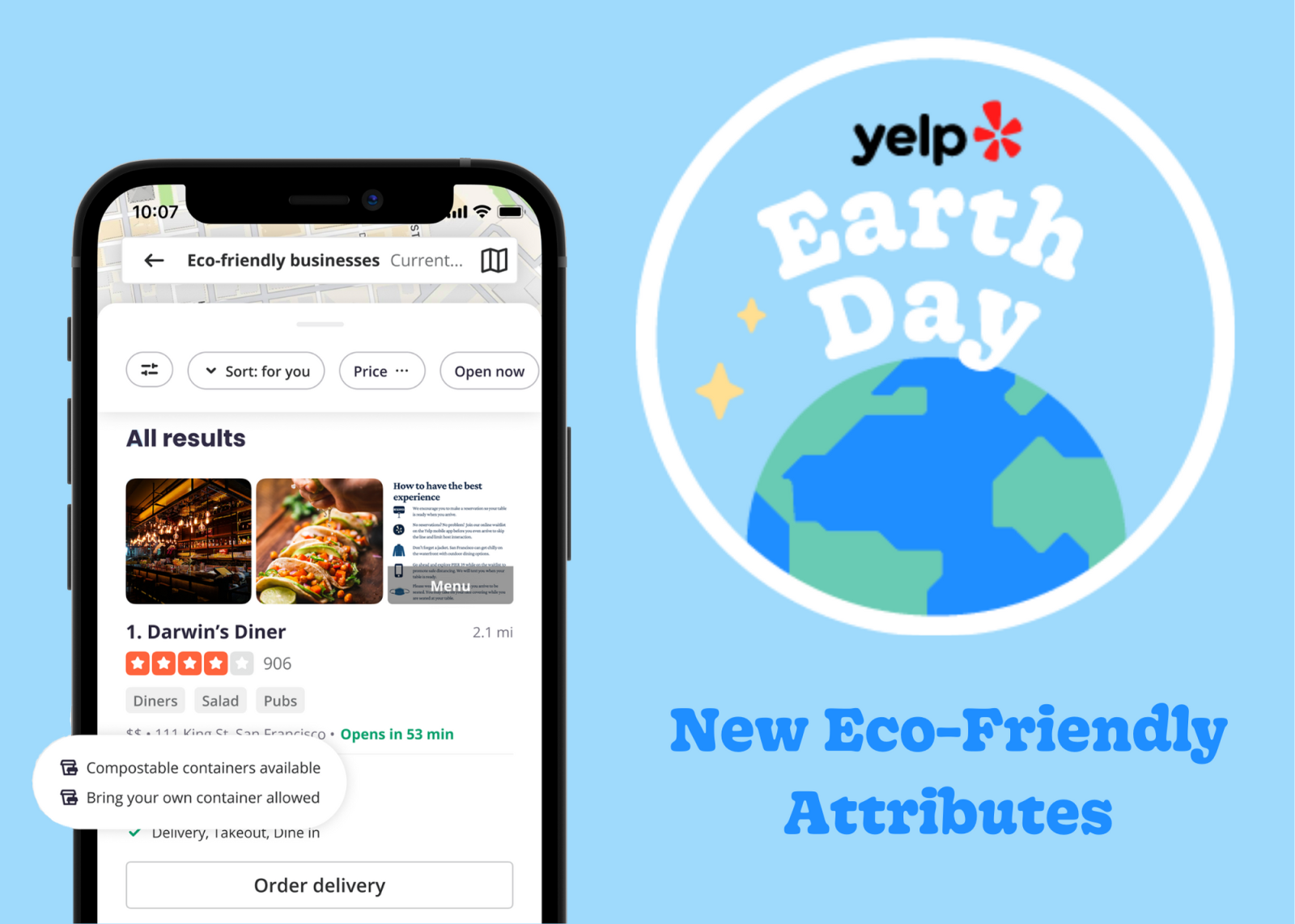 Yelp app on phone with circle that says Earth Day