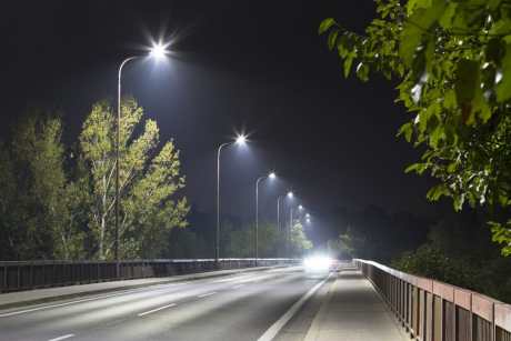 LED street lights on a dark street
